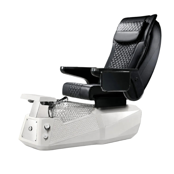 A modern pedicure spa chair with a black quilted leather seat and armrests mounted on a white base with a clear foot basin, shown on a neutral gray studio background.
