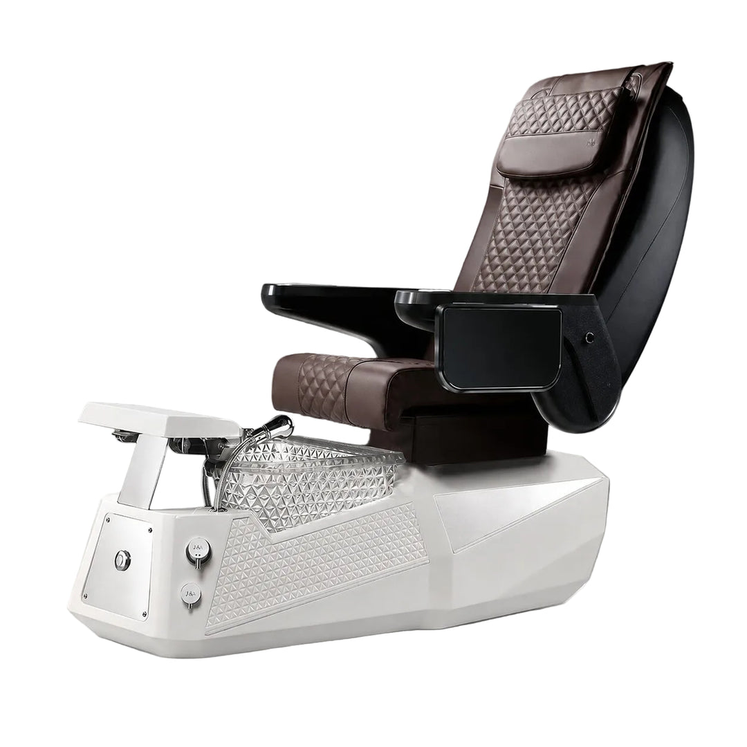 A luxury pedicure spa chair with a white base, brown quilted leather upholstery, and black armrests, shown on a gray gradient background.