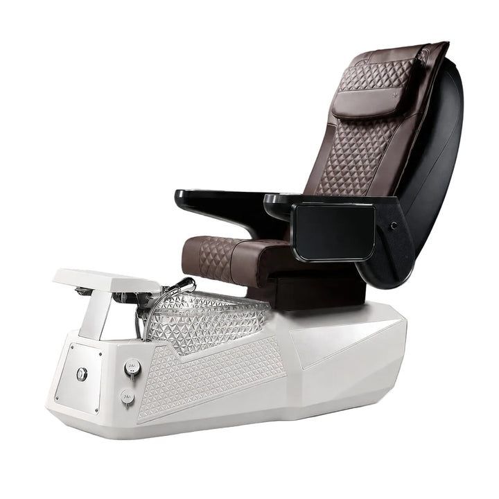 A luxury pedicure spa chair with a white base, brown quilted leather upholstery, and black armrests, shown on a gray gradient background.