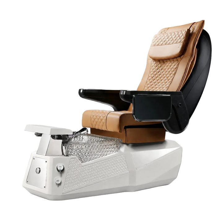 A luxury pedicure spa chair with a quilted tan leather seat and backrest, black armrests, and a white base with a chrome foot basin, shown on a gray gradient background.