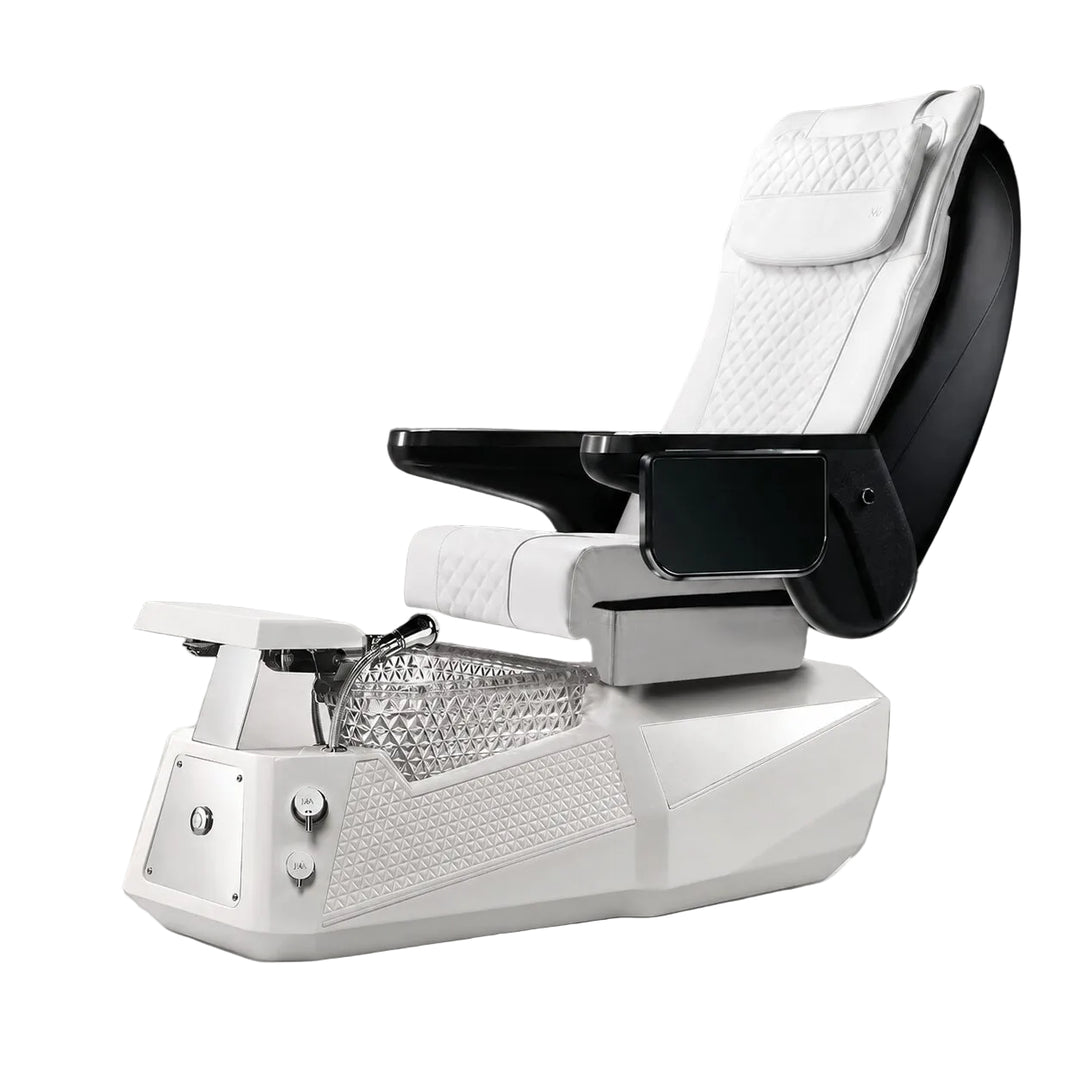 A modern pedicure spa chair with a white quilted seat and headrest, black armrests, and a white base with a clear textured foot basin, shown on a gray studio background.