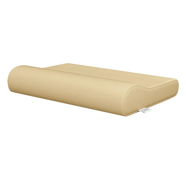 DIR contoured orthopedic cervical support pillow in beige vinyl upholstery for wellness clinics.