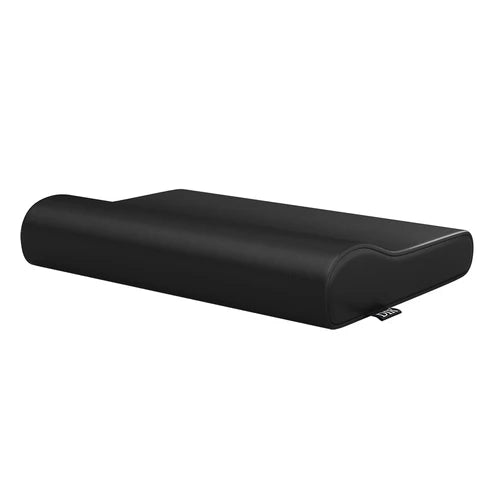 DIR contoured orthopedic cervical support pillow in black vinyl upholstery for wellness clinics.