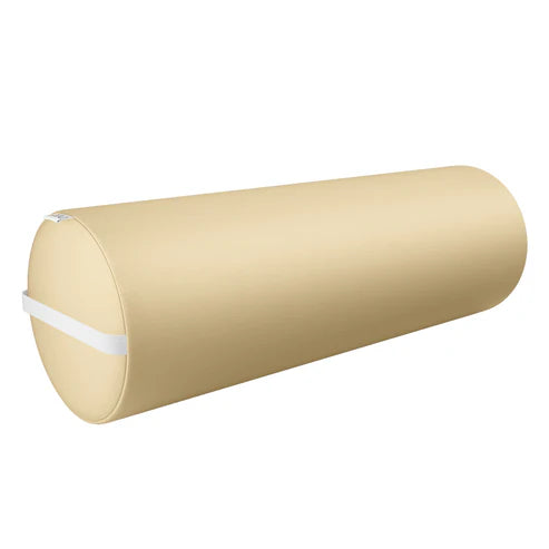 Beige full round bolster pillow with side strap, medical-grade foam positioning cushion for physical therapists and massage practitioners.