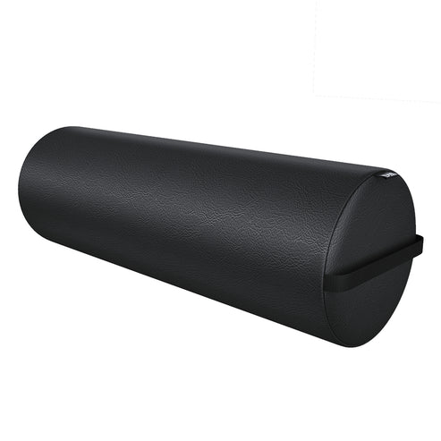Black full round bolster pillow with side strap, medical-grade foam positioning cushion for physical therapists and massage practitioners.