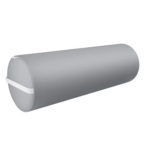 Gray full round bolster pillow with side strap, medical-grade foam positioning cushion for physical therapists and massage practitioners.