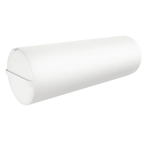 White full round bolster pillow with side strap, medical-grade foam positioning cushion for physical therapists and massage practitioners.