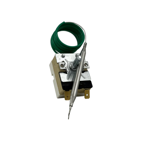 Electrical component with green coil and metal parts on a white background