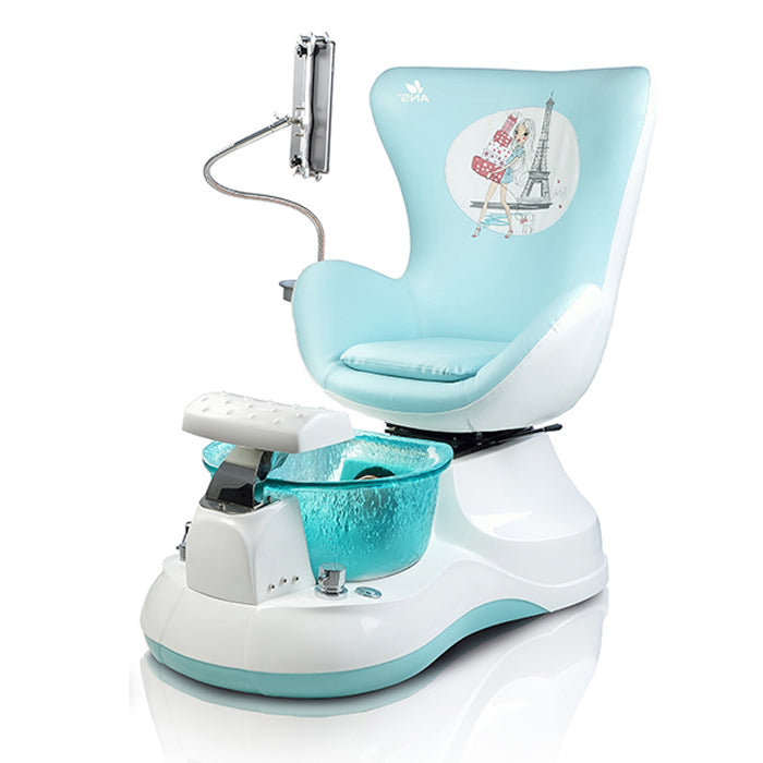 Contempo II Kid Pedicure Chair.  Bucket style kid pedicure chair. Includes soft pastel color swatch with matching technician stool. Black technician stool available. Allow 3-5 weeks delivery. Manual seat. Plumbing options available.