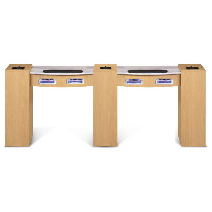 Classic Double Manicure Nail Table with UV Gel Lights Natural wood color. Comes with 3 other customized colors.  Shared middle column. The Classic Double Nail Table with UV Gel Lights ships on 1 pallet. 