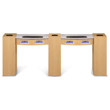  Classic Double Manicure Nail Table with UV Gel Lights Natural wood color. Comes with 3 other customized colors.  Shared middle column. The Classic Double Nail Table with UV Gel Lights ships on 1 pallet. 